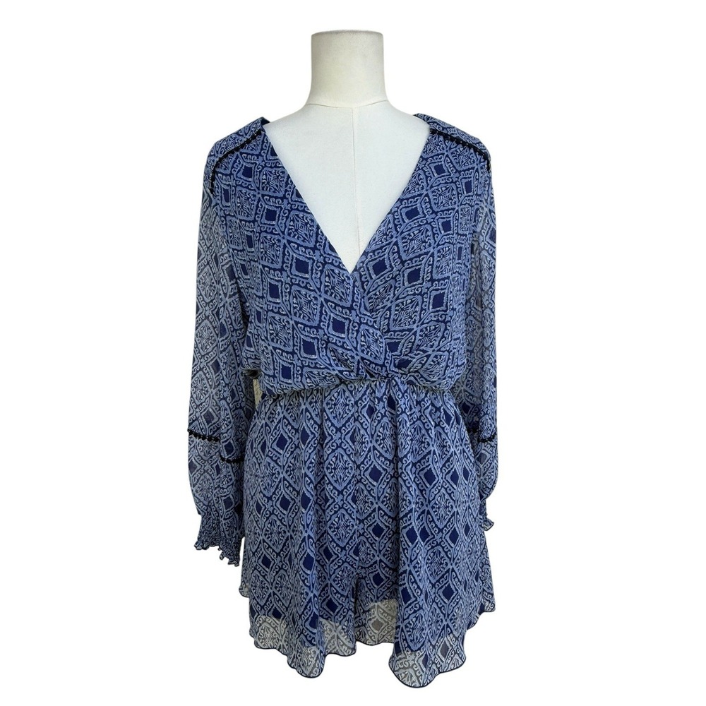 Zara Blue Boho Romper Womens Medium Floral Paisley Long Sleeve V Neck Flowy